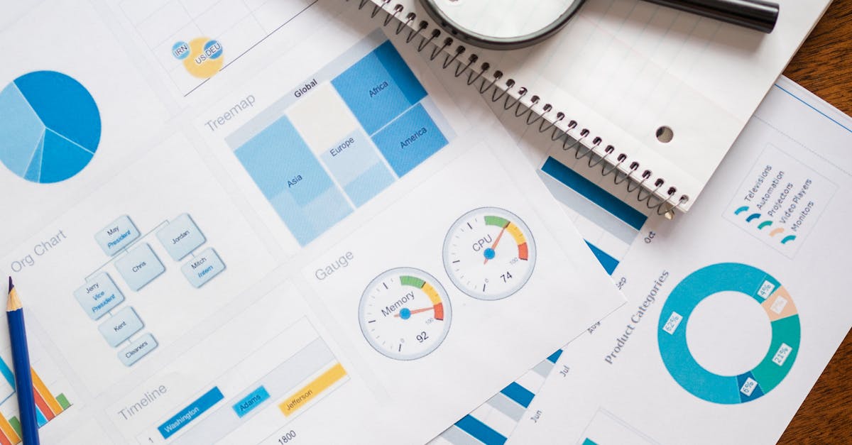 A set of financial charts and graphs with a magnifying glass, perfect for business reports.